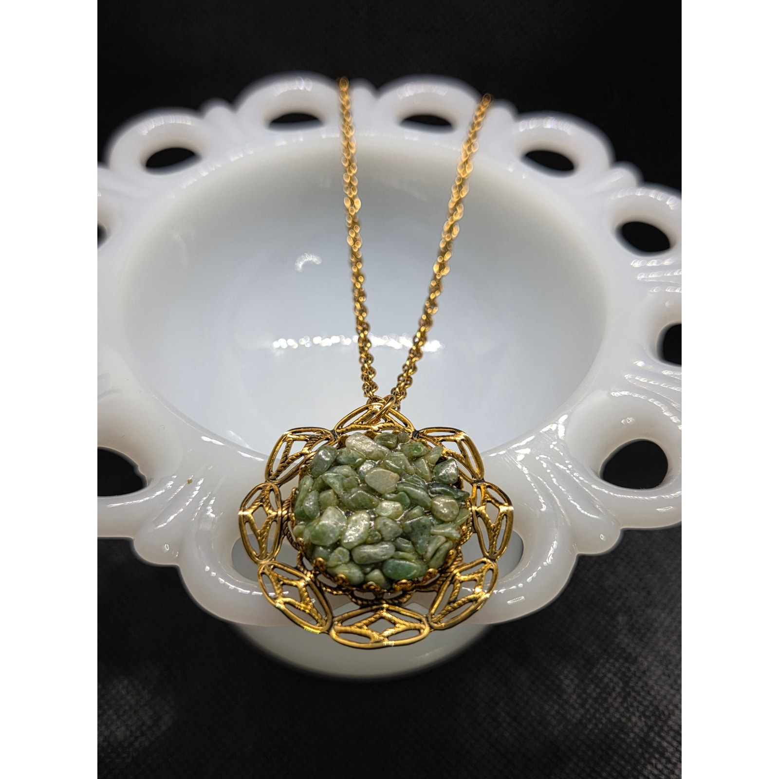 Gold Filigree Pendant With Green Stone Chips